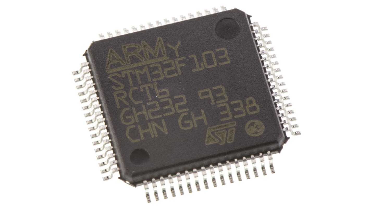 STMicroelectronics STM32F1单片机, ARM Cortex M3内核, 64针, LQFP, 最大72MHz, 256 kb 闪存, 48 kb RAM