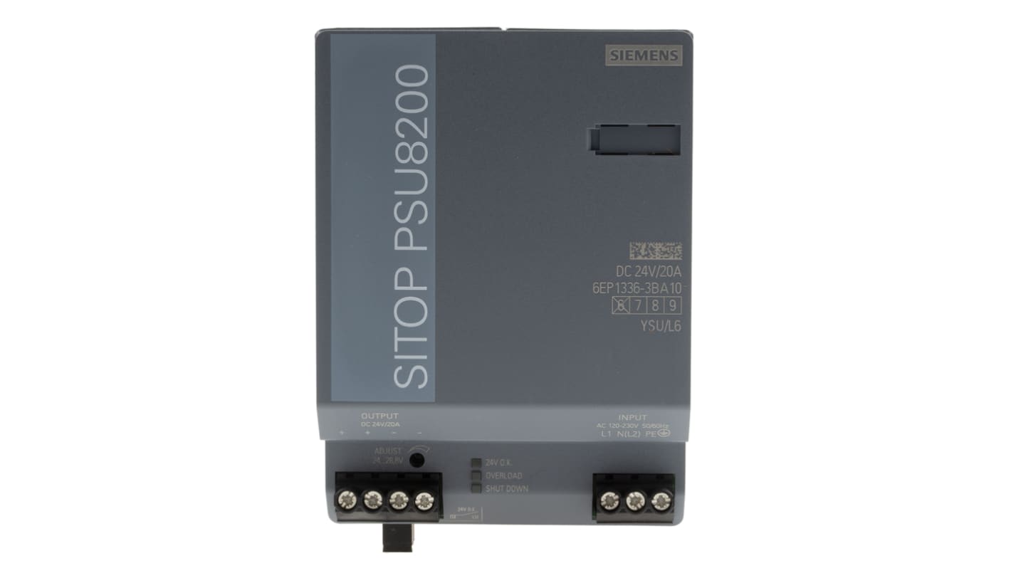 Siemens 开关模式导轨电源, 24V 直流 20A输出, 480W, 120 → 230 V ac / 110 → 220V 直流输入, 1, 2相, SITOP PSU8200系列