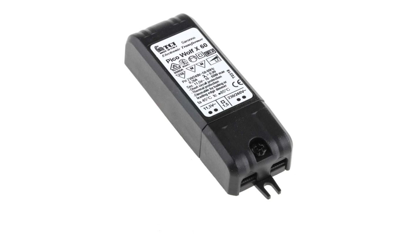 RS PRO 卤素灯电子变压器, 10 → 60W, 初级电压230 → 240V 交流, 次级电压11.5V, 86 x 31 x 20 毫米, 最高温度+45°C
