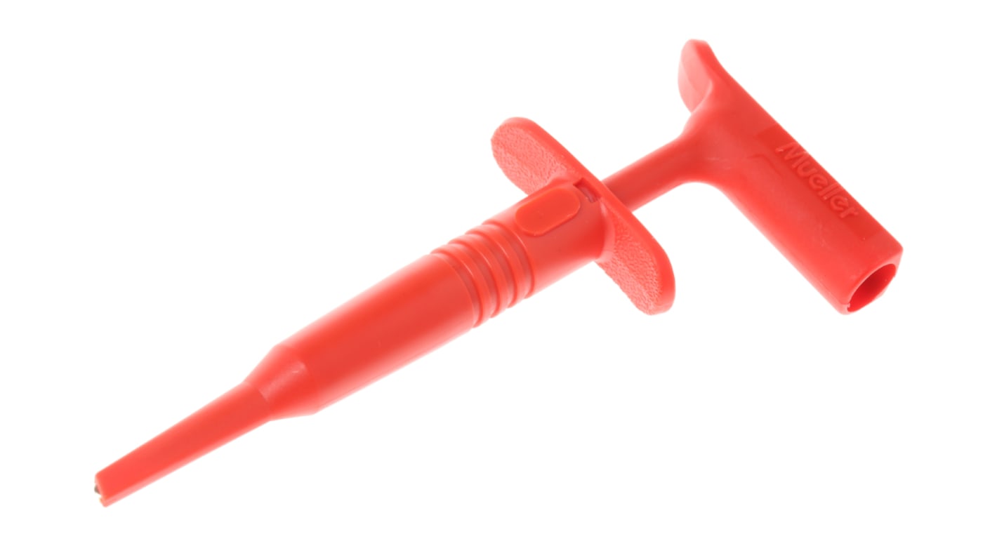 Puntale a uncino Mueller Electric, 15A, presa da 4mm, L. 116.84mm, col. Rosso