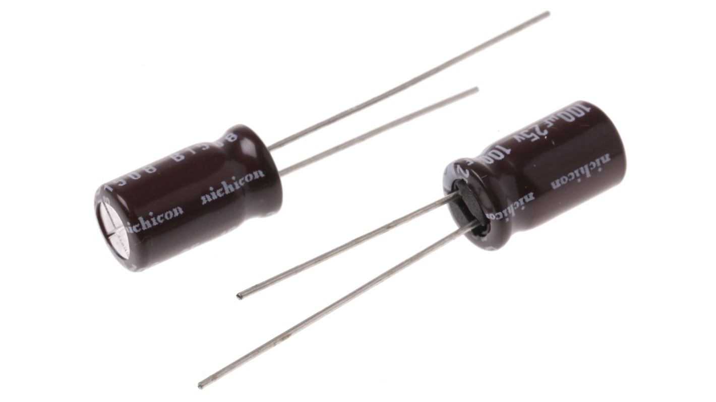 Nichicon 100μF Aluminium Electrolytic Capacitor 25V dc, Radial, Through Hole - UPW1E101MED