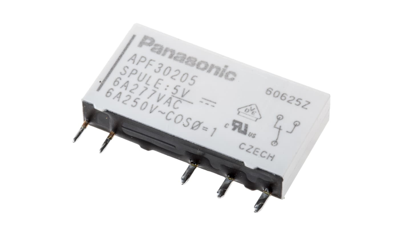 Relé de potencia sin enclavamiento Panasonic de 1 polo, SPDT, bobina 5V dc, 6A, Montaje en PCB