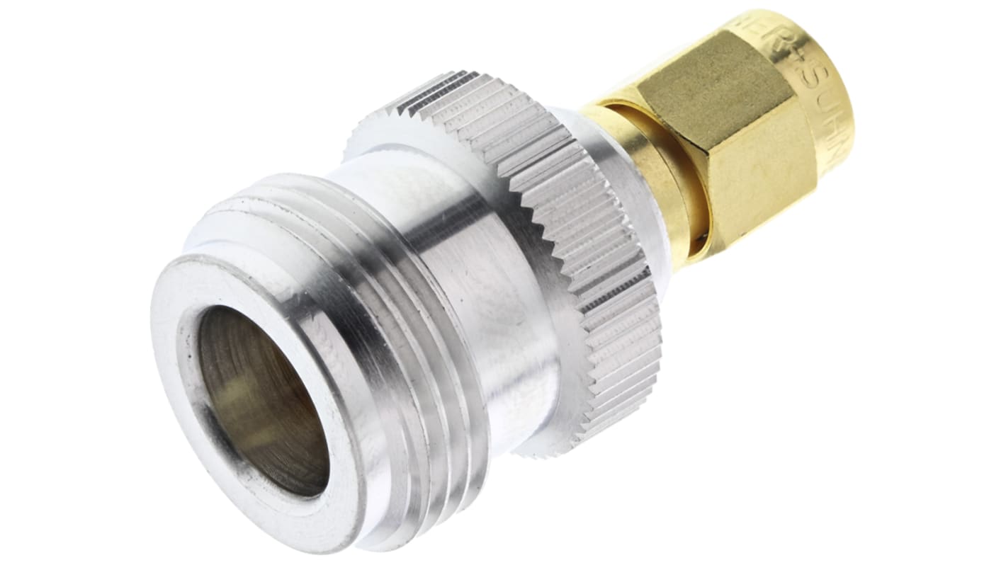 Huber+Suhner 50Ω RF adapter, Lige, A: SMA Han til B: N Hun, 18GHz Gold, White Bronze Normal