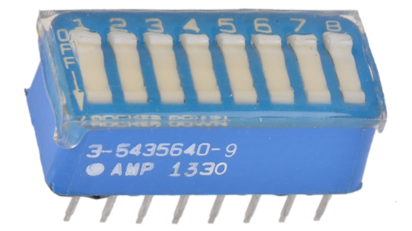 Interruptor DIP, SPST, Montaje en orificio pasante, Actuador Balancín, 100 mA a 5 V dc, 8 vías, -55 → +105°C