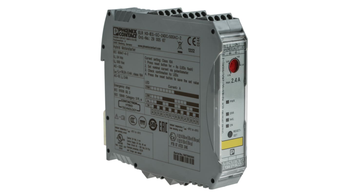Phoenix Contact 启动器, 3相, 1 kW, 24 V 直流, 2.4 A, IP 20, 106.6mm x 22.5mm x 113.7mm, ELR H3-IES-SC- 24DC/500AC-2系列