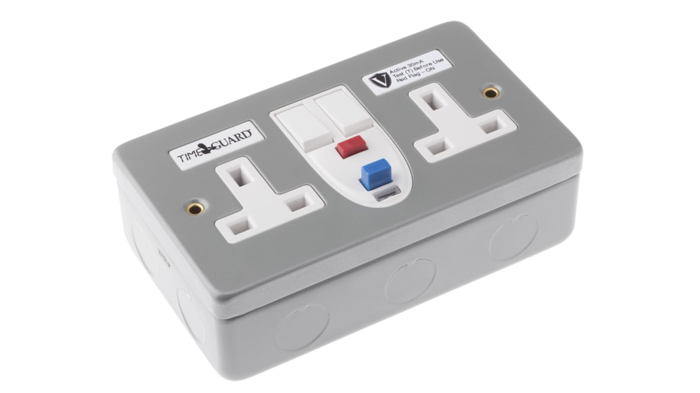 Conector hembra RCD Theben / Timeguard 2 módulos, 230 V ac, 13A con interruptor, Acero de color Plateado