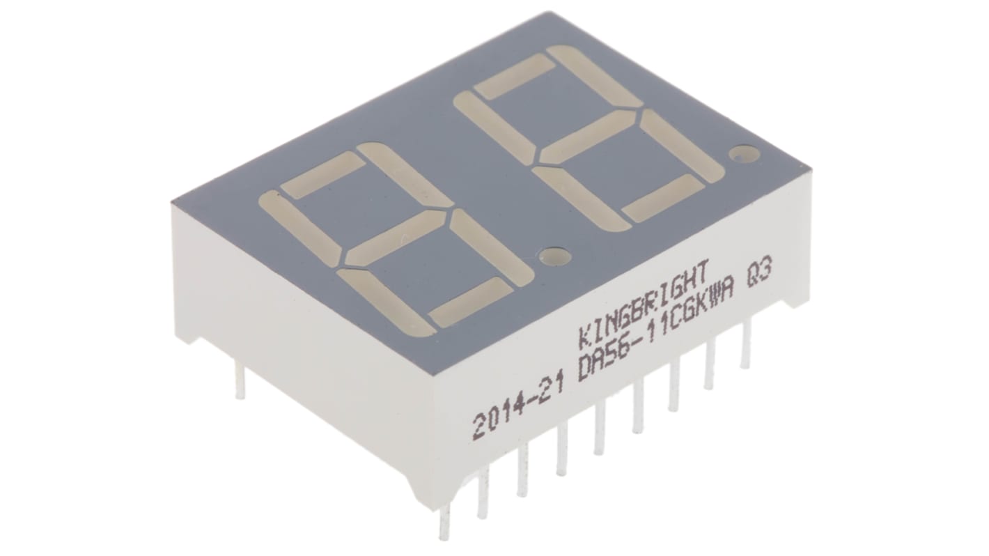 DA56-11CGKWA Kingbright 2 Digit 7-Segment LED Display, CA Green 35 mcd RH DP 14.2mm