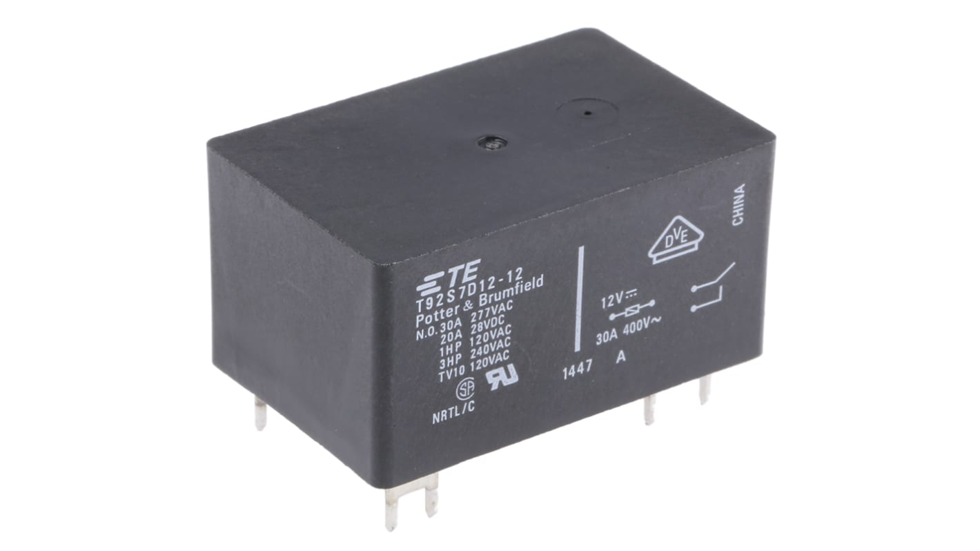 TE Connectivity PCB Mount Power Relay, 12V dc Coil, 30A Switching Current, DPST