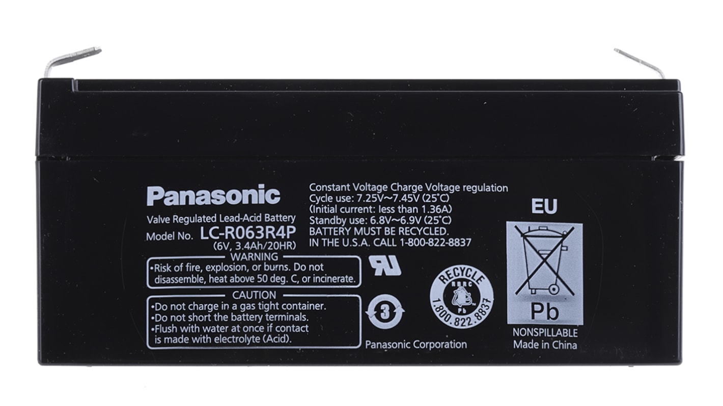 Panasonic 6V Faston F1 Sealed Lead Acid Battery, 3.4Ah