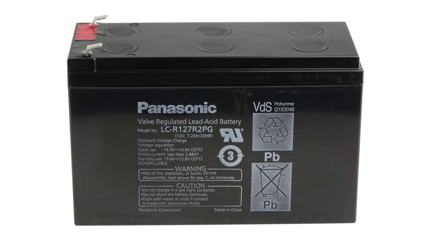 Panasonic 12V Faston F1 Sealed Lead Acid Battery, 7.2Ah