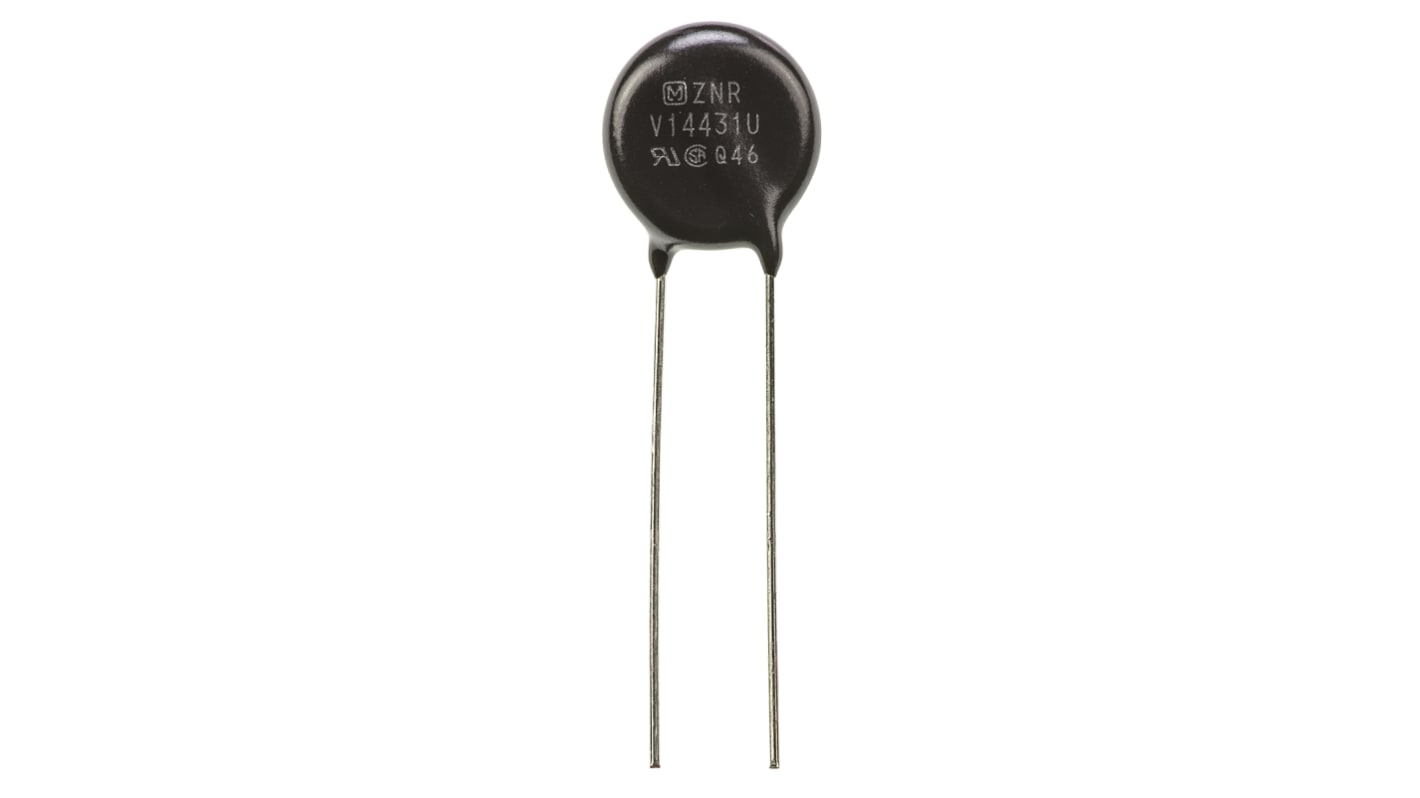 Varistor de disco Panasonic V, tensión de ruptura 430V, 50A, 155J, 450pF, dim. 15.5 (Dia.) x 6mm, paso 7.5mm