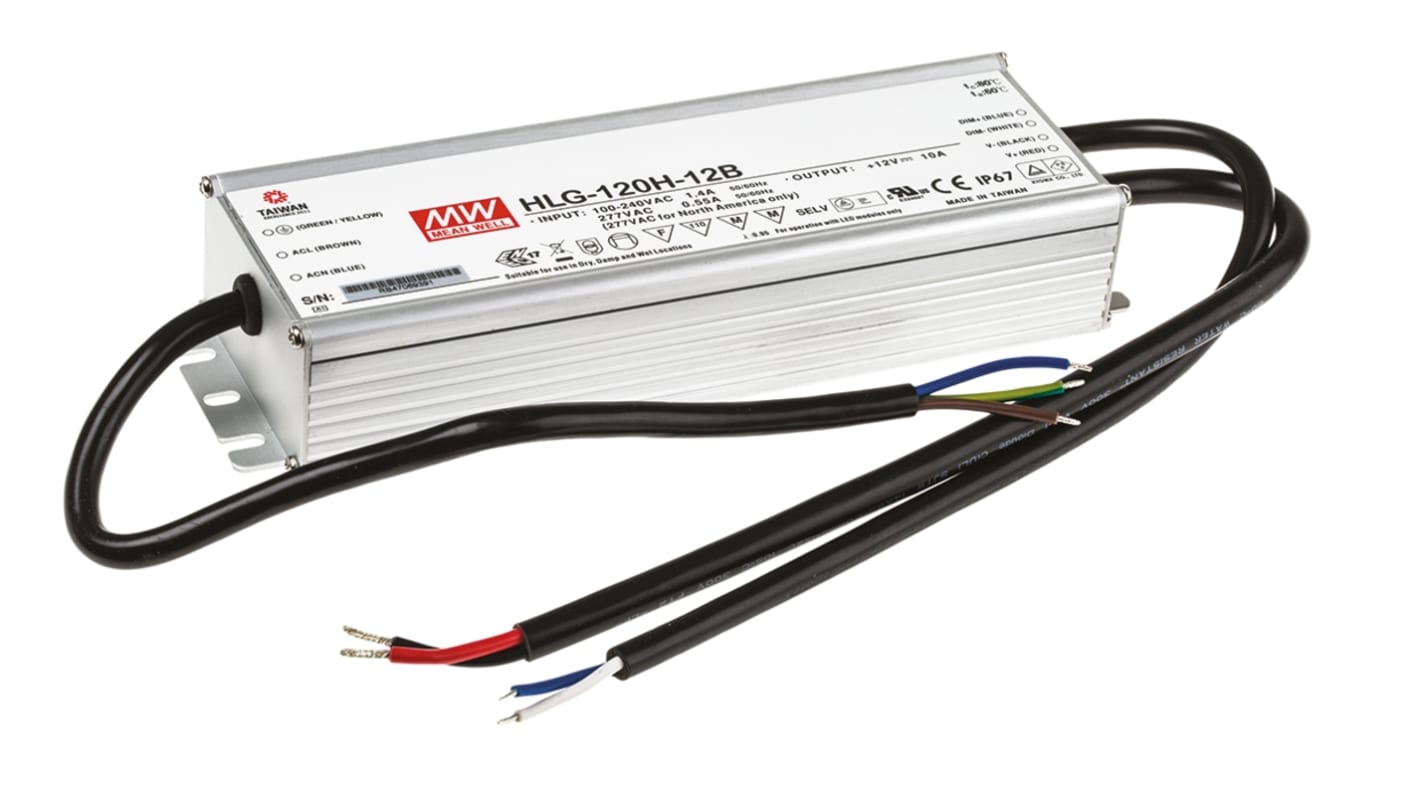 Driver LED corriente constante MEAN WELL de salidas, IN: 127 → 370 V dc, 90 → 264 V ac, OUT: 12V, 10A,