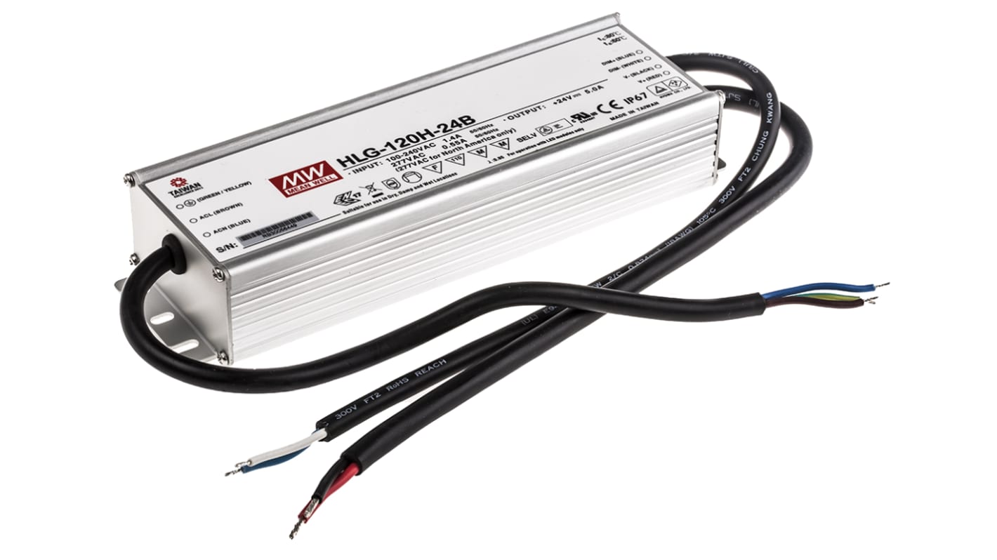 MEAN WELL LED Driver, 24V Output, 120W Output, 5A Output, Constant Current Dimmable