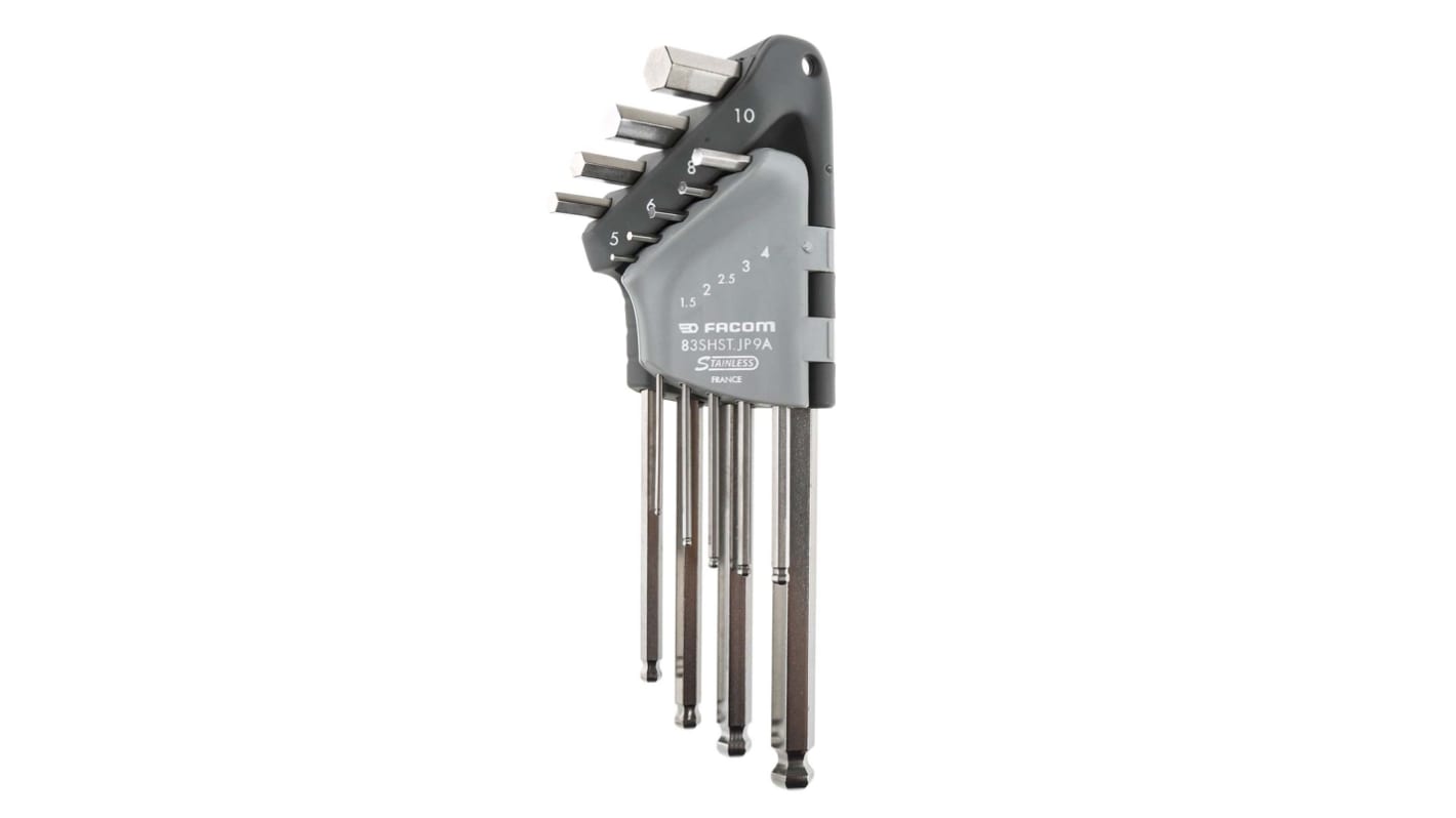 Facom 9 piece L Shape Metric Hex Key Set, 1.5 - 2 - 2.5 - 3 - 4 - 5 - 6 - 8 - 10mm