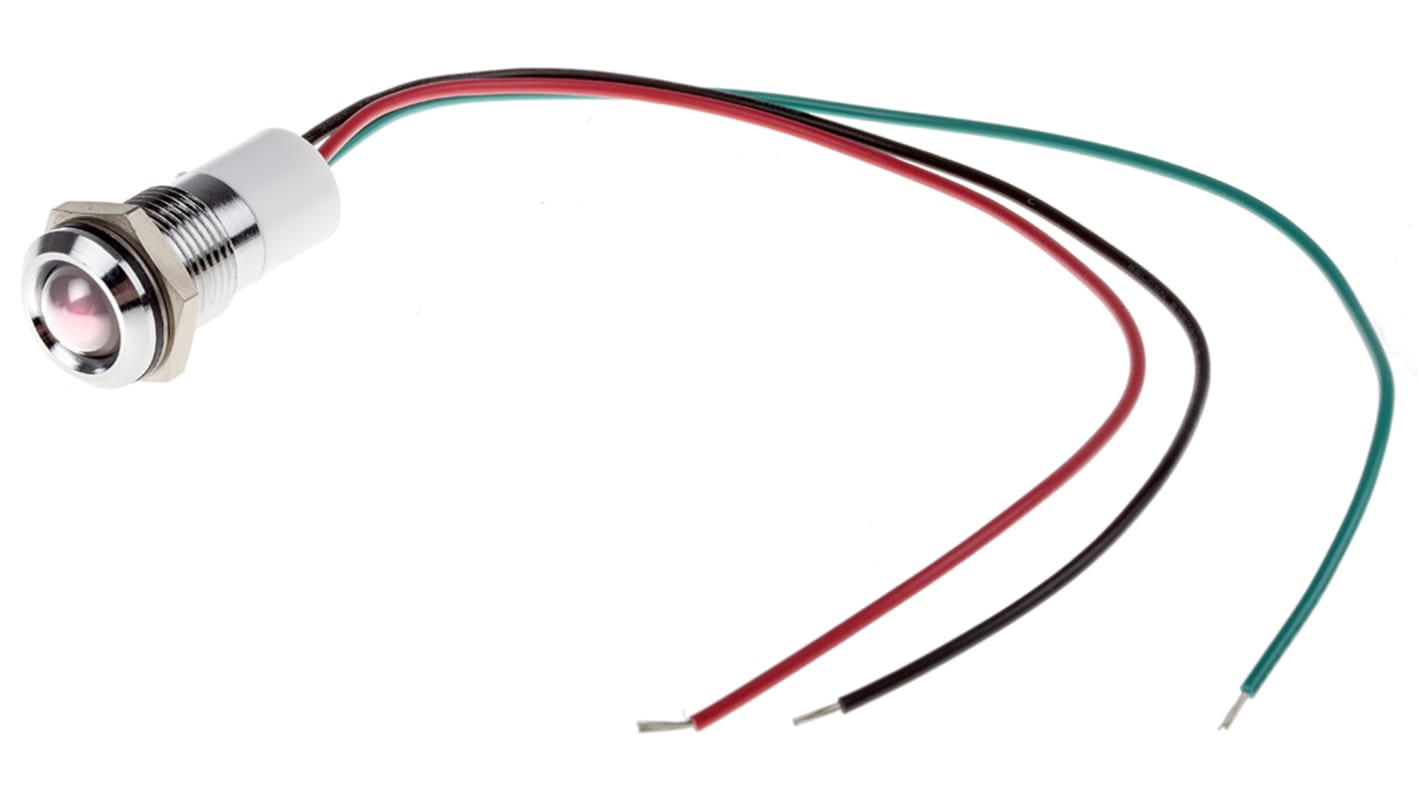 RS PRO LED面板指示灯, 12V 直流, 20mA, Φ14mm安装孔, 引线端接, 凸型边框, 铬色边框, IP67