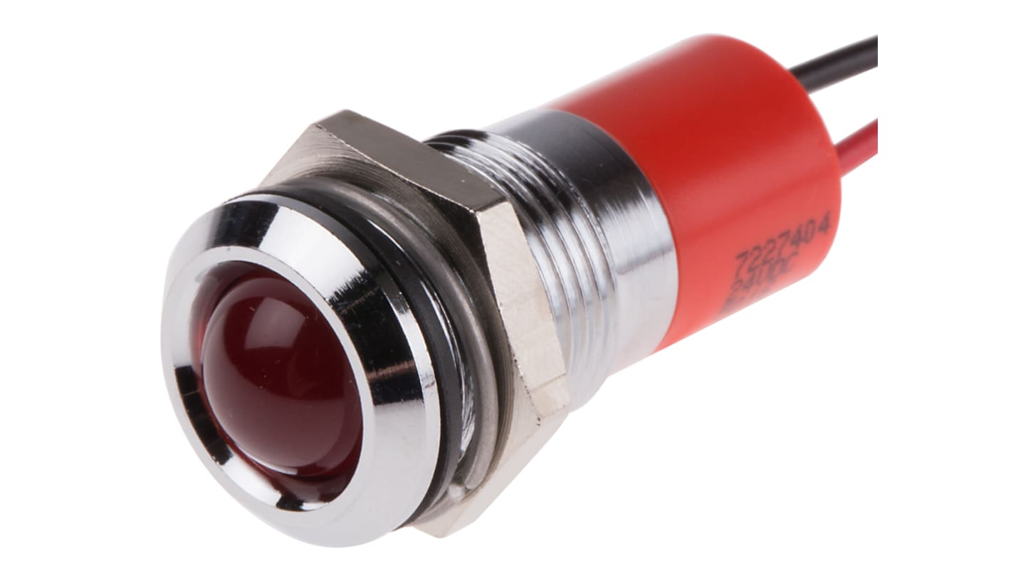 RS PRO Red Panel Mount Indicator, 24V dc, 14mm Mounting Hole Size, Lead Wires Termination, IP67