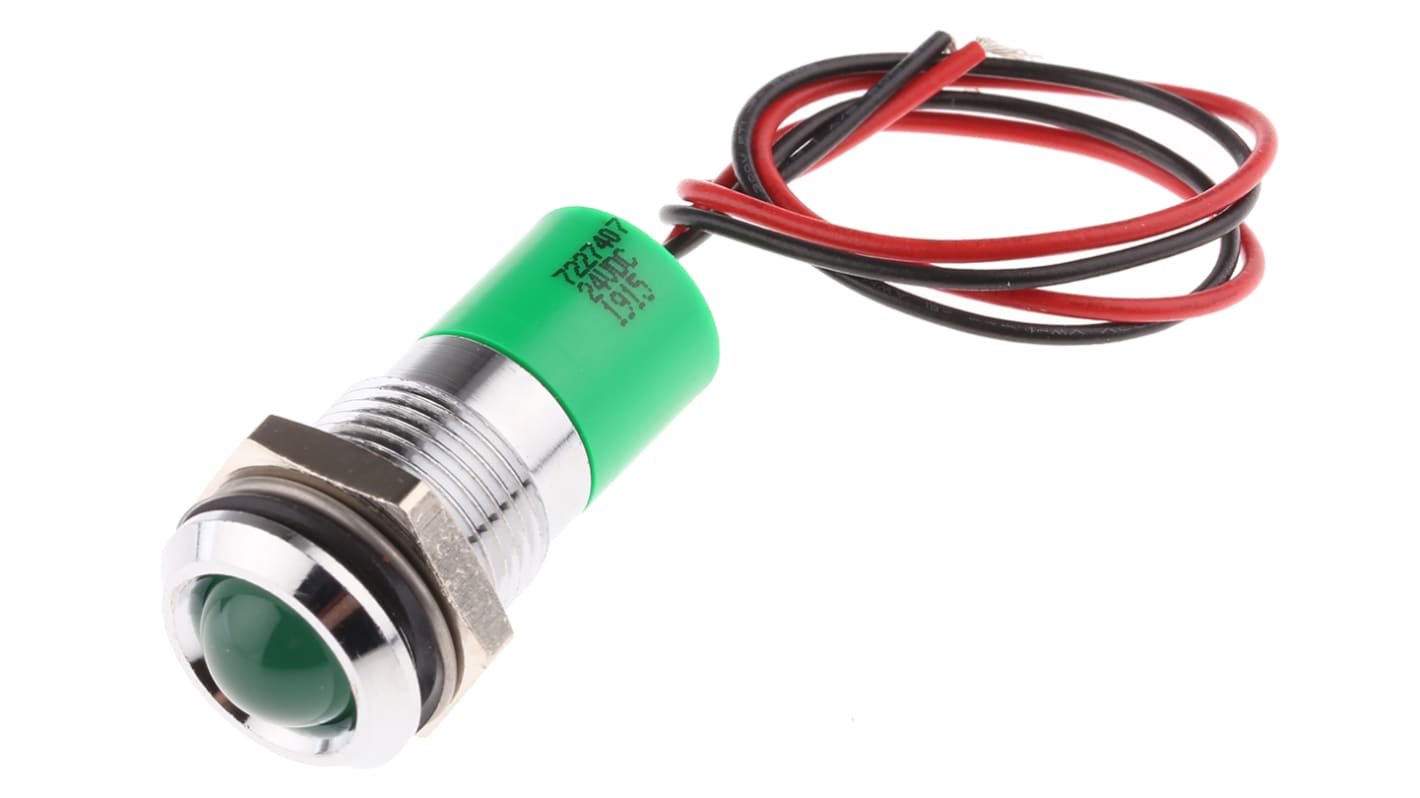 Indicador LED RS PRO, Verde, lente prominente, marco Cromo, Ø montaje 14mm, 24V dc, 20mA, 40mcd, IP67