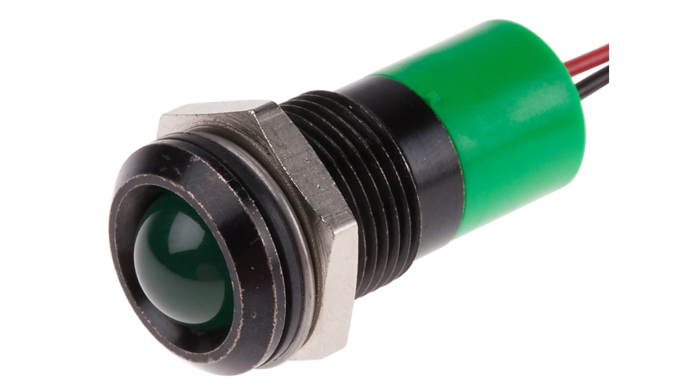 RS PRO Green Panel Mount Indicator, 24V dc, 14mm Mounting Hole Size, Lead Wires Termination, IP67