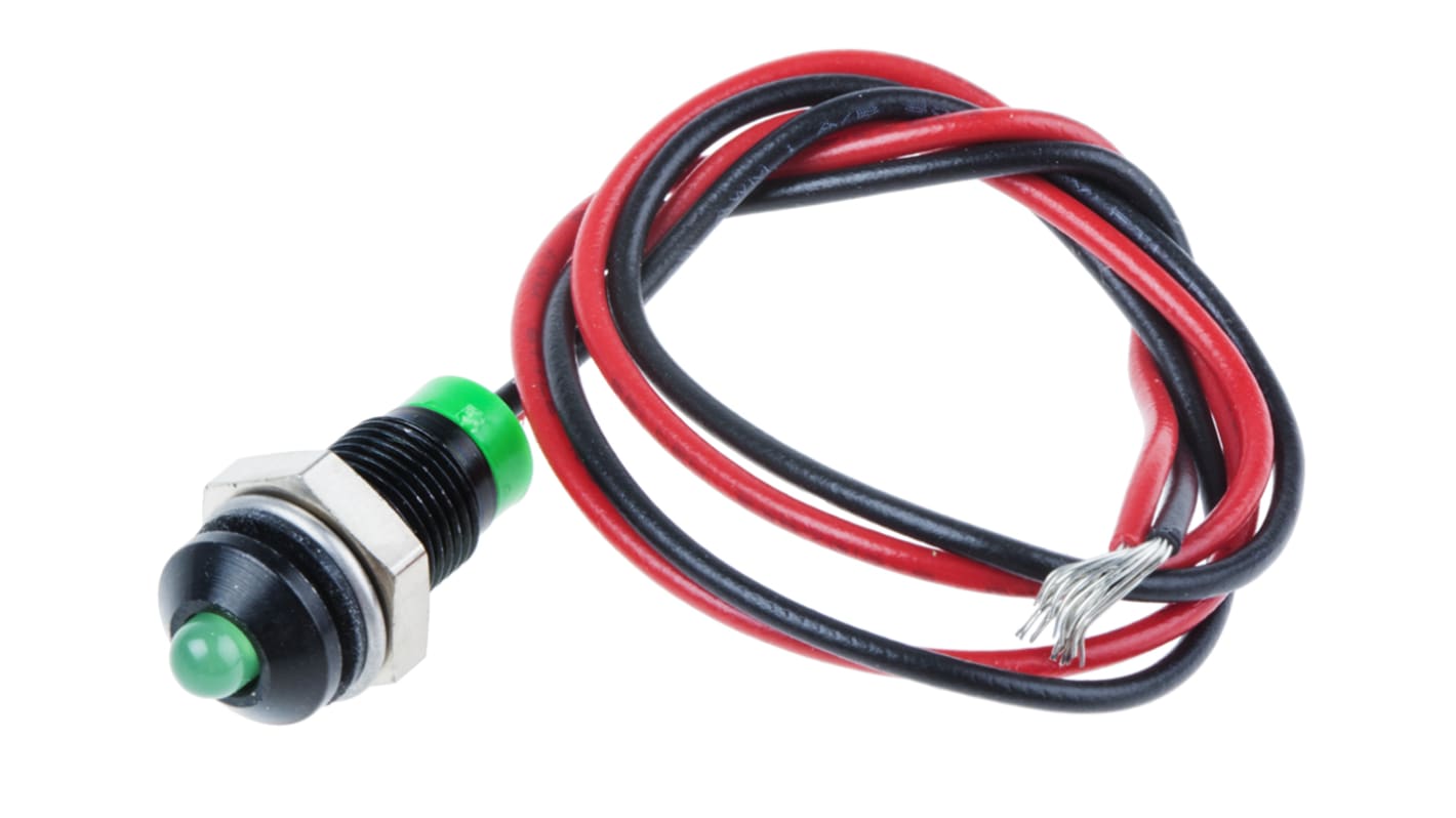 RS PRO Green Panel Mount Indicator, 2V dc, 6mm Mounting Hole Size, Lead Wires Termination, IP67