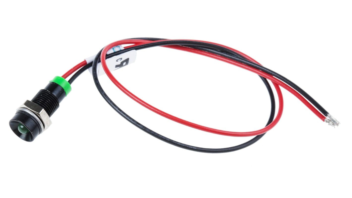 RS PRO 绿色LED面板指示灯, 2V 直流, 20mA, Φ6mm安装孔, 引线端接, 凹入式边框, IP67