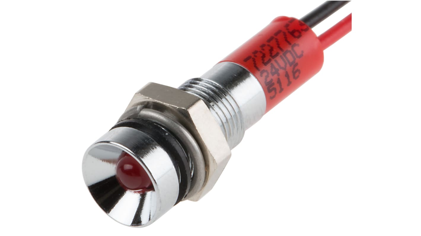 RS PRO Red Panel Mount Indicator, 24V dc, 6mm Mounting Hole Size, Lead Wires Termination, IP67
