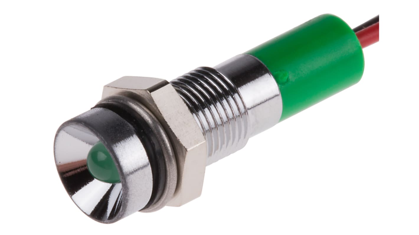 RS PRO Green Panel Mount Indicator, 24V dc, 6mm Mounting Hole Size, Lead Wires Termination, IP67