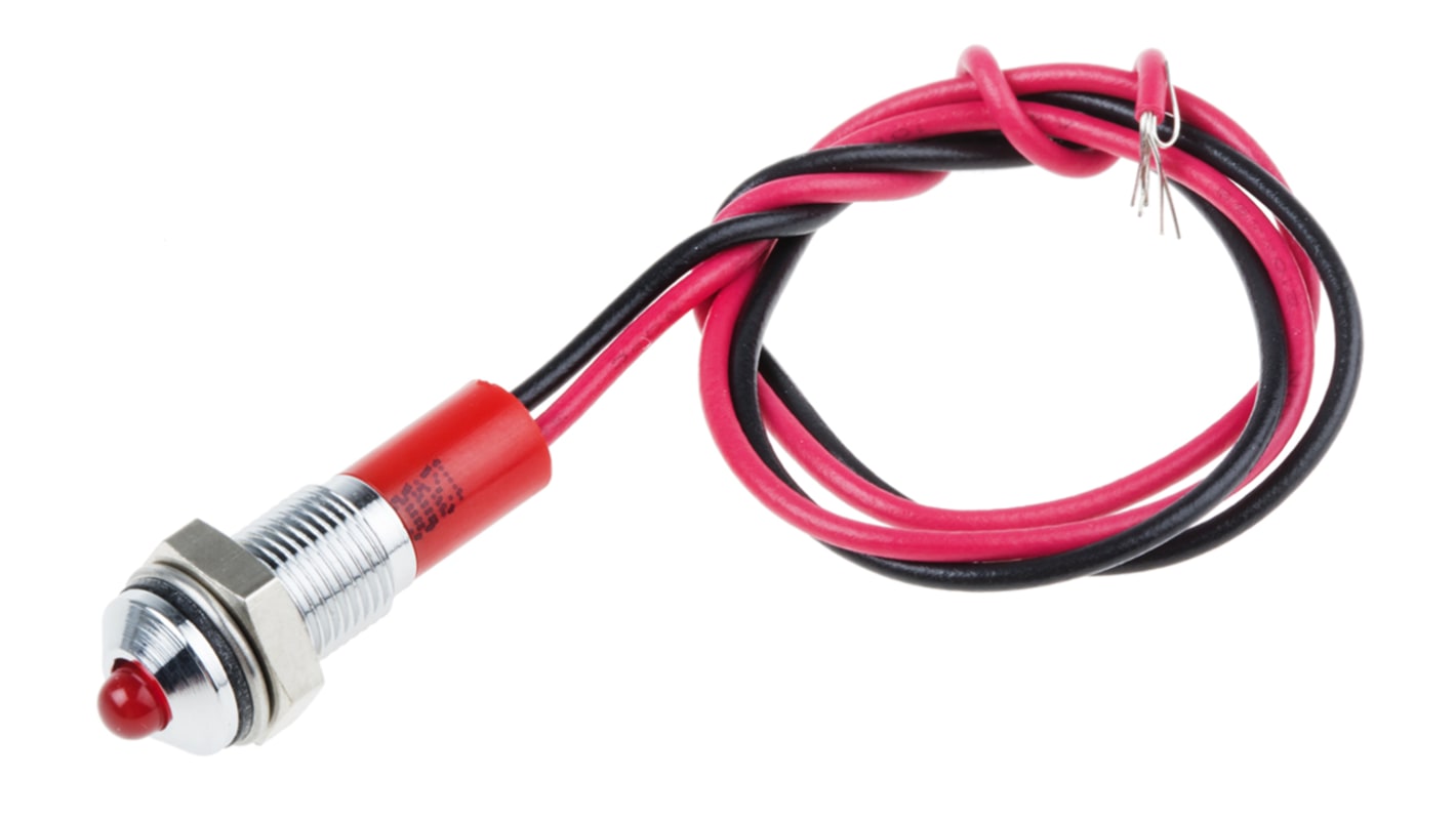 RS PRO Red Panel Mount Indicator, 12V dc, 6mm Mounting Hole Size, Lead Wires Termination, IP67