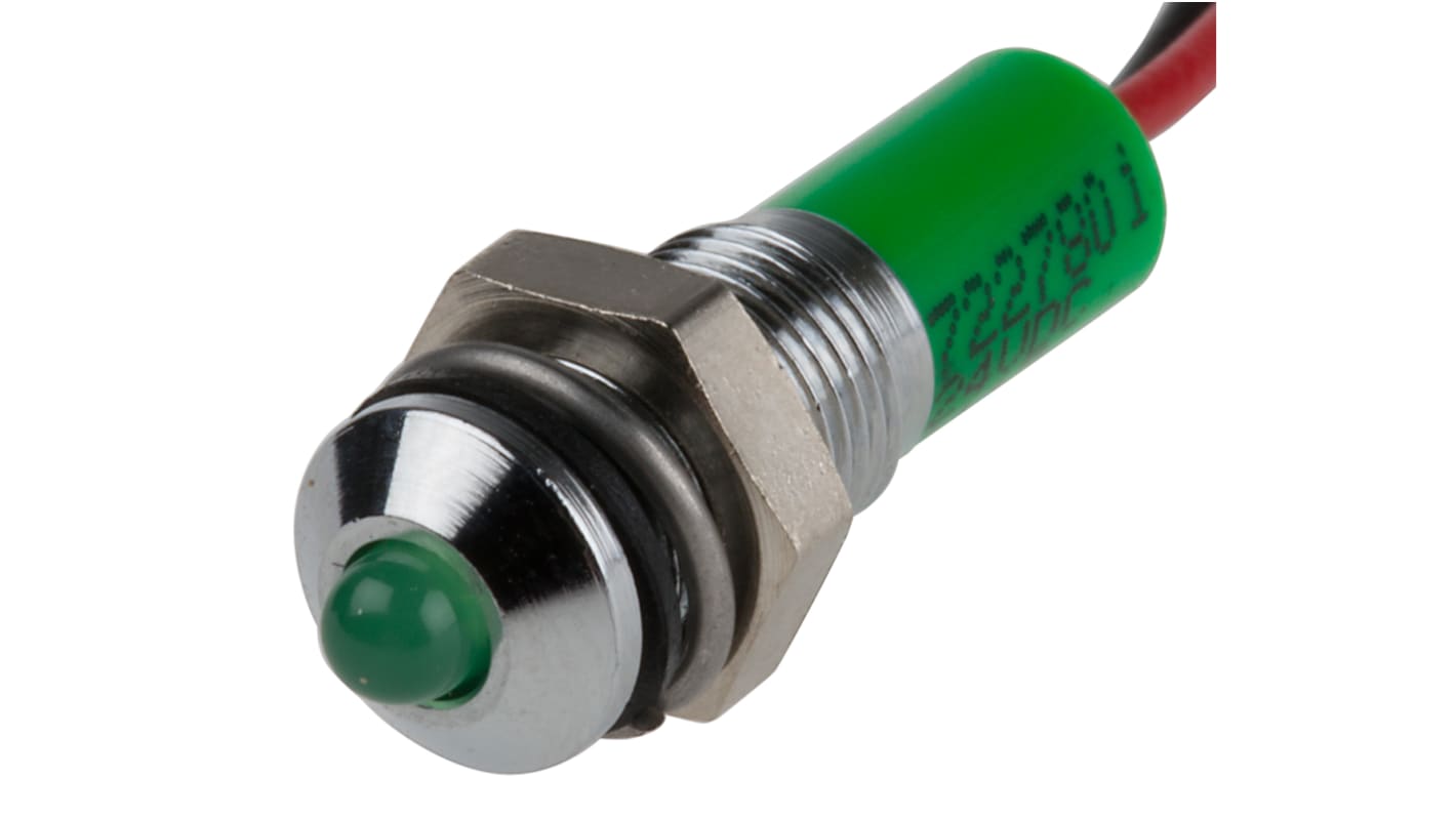 RS PRO Green Panel Mount Indicator, 24V dc, 6mm Mounting Hole Size, Lead Wires Termination, IP67