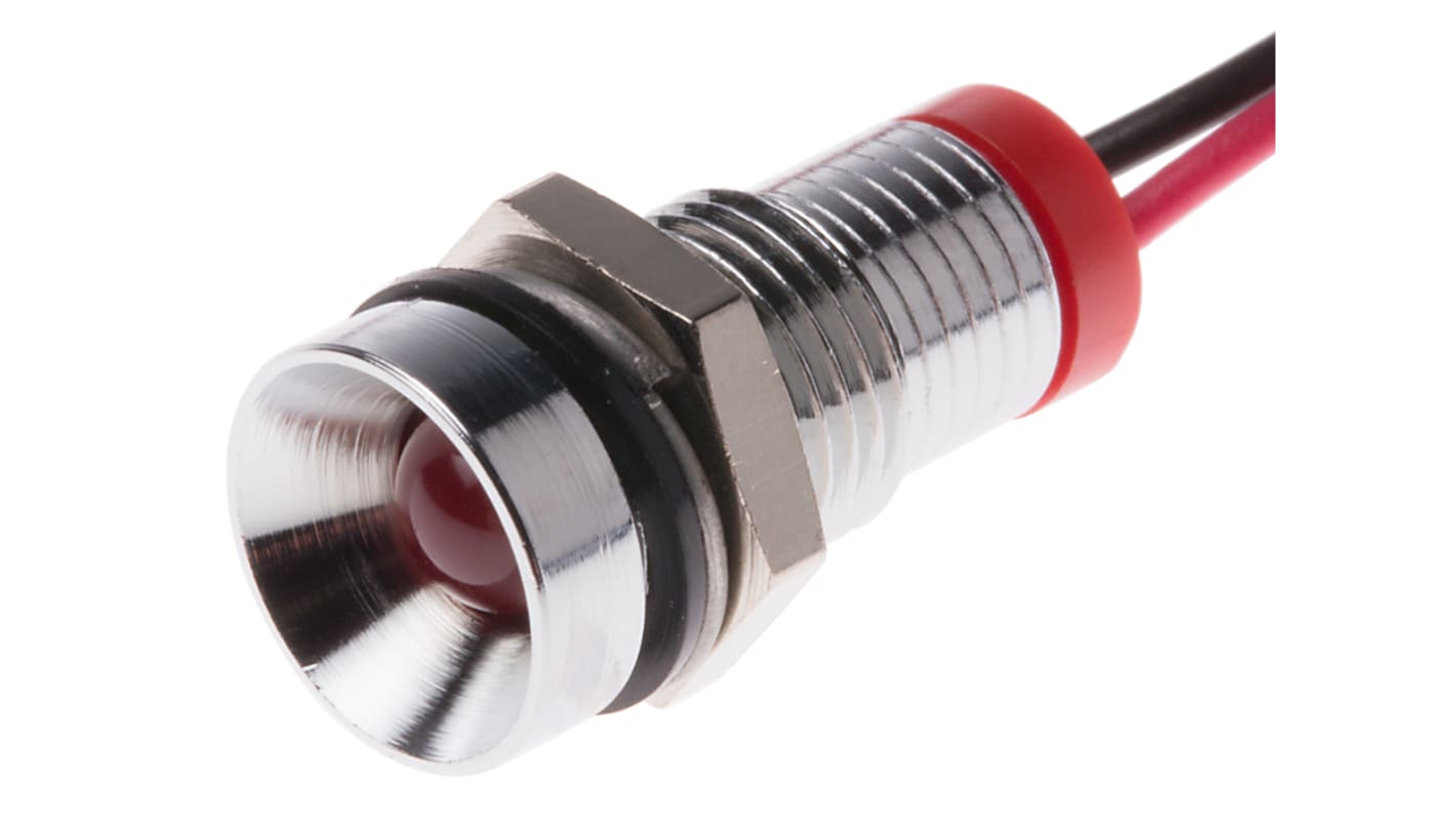 Indicador LED RS PRO, Rojo, lente rebajada, marco Cromo, Ø montaje 8mm, 2V dc, 20mA, 50mcd, IP67