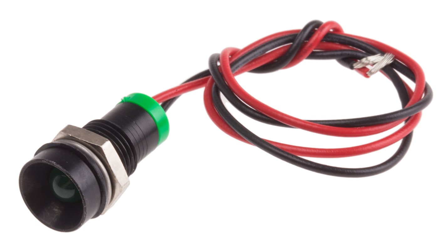 RS PRO Green Panel Mount Indicator, 2V dc, 8mm Mounting Hole Size, Lead Wires Termination, IP67