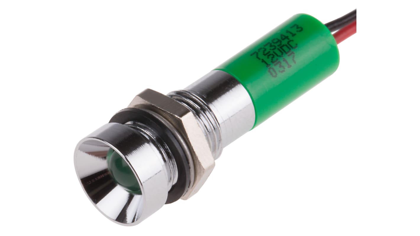 RS PRO 绿色LED面板指示灯, 12V 直流, 20mA, Φ8mm安装孔, 引线端接, 凹入式边框, 铬色边框, IP67