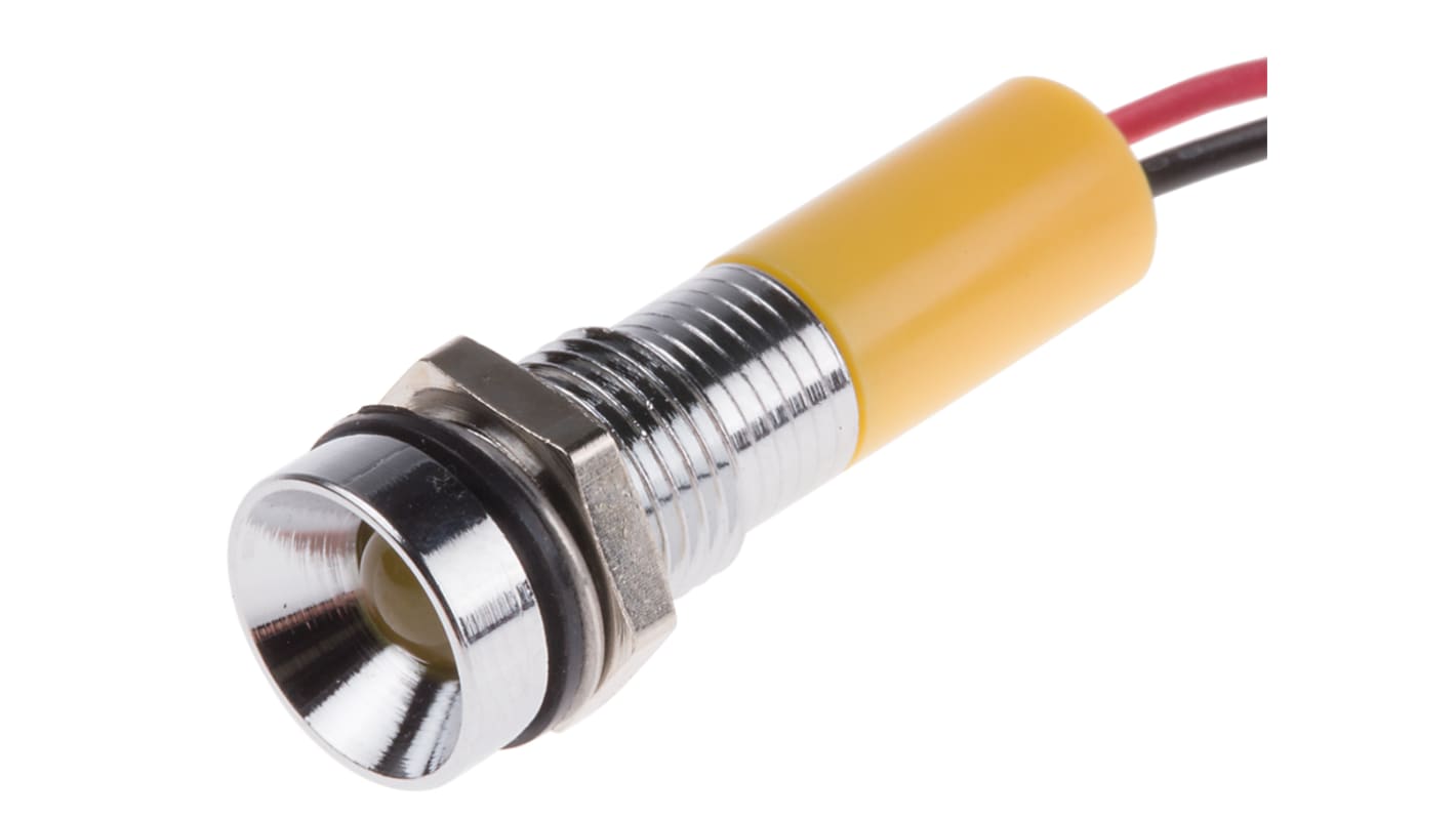 Lampka kontrolna do montażu panelowego 12V dc, Żółta 8mm LED Chrom Wyprowadzenia RS PRO