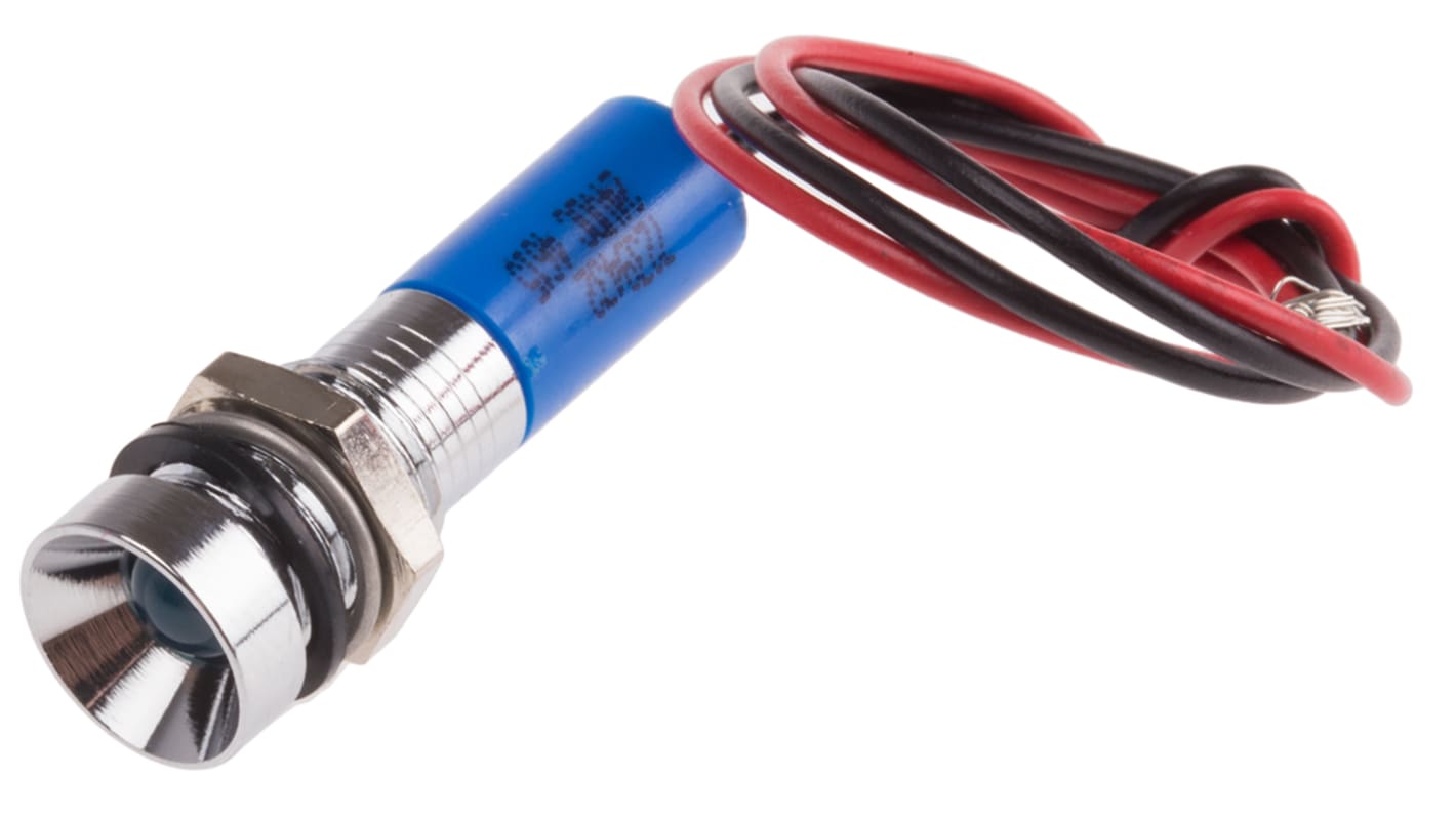 RS PRO Blue Panel Mount Indicator, 24V dc, 8mm Mounting Hole Size, Lead Wires Termination, IP67