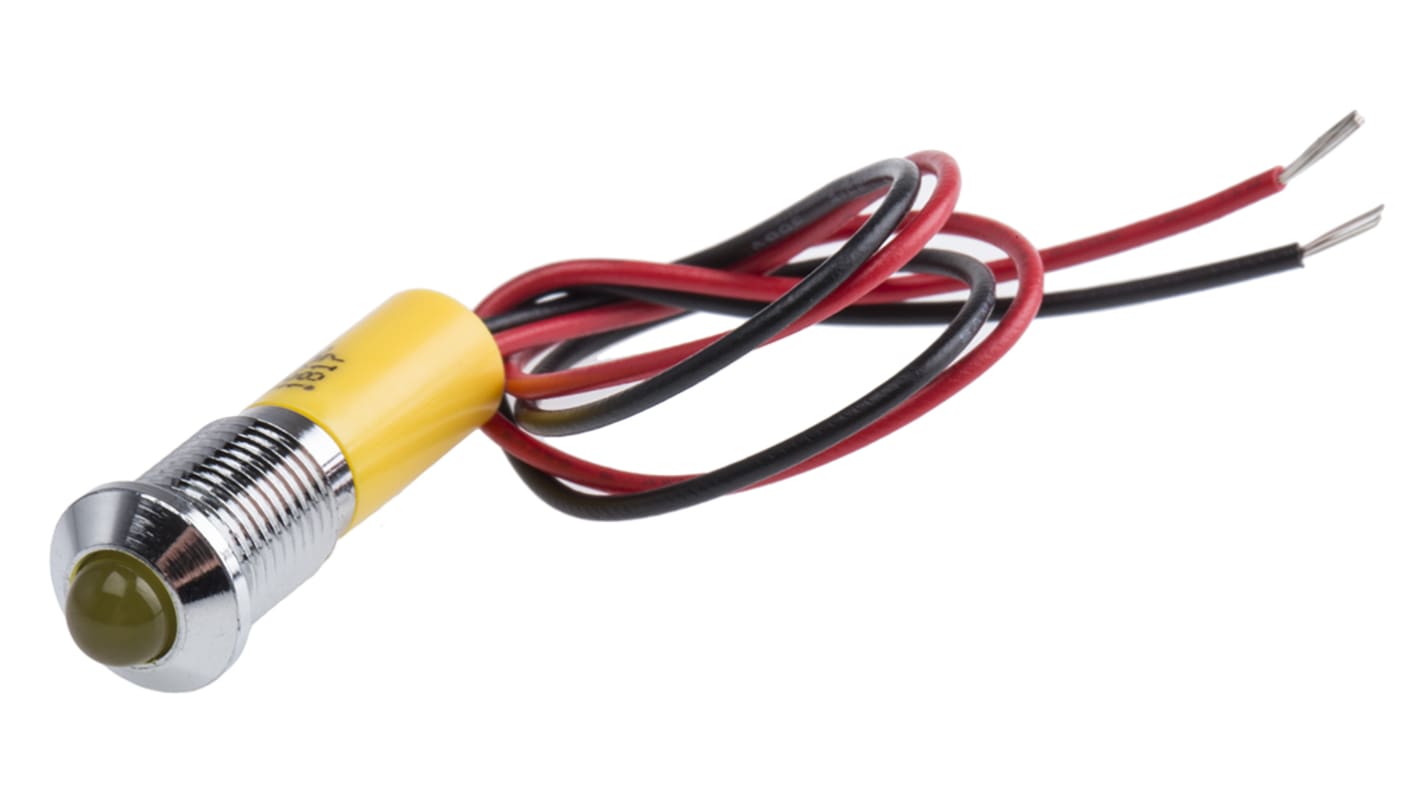 RS PRO Yellow Panel Mount Indicator, 12V dc, 8mm Mounting Hole Size, Lead Wires Termination, IP67
