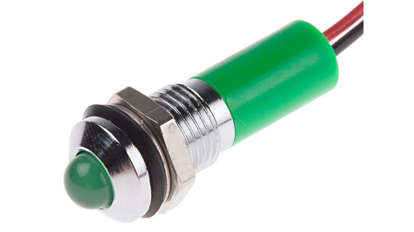 RS PRO 绿色LED面板指示灯, 12V 直流, 20mA, Φ8mm安装孔, 引线端接, 凸型边框, 铬色边框, IP67