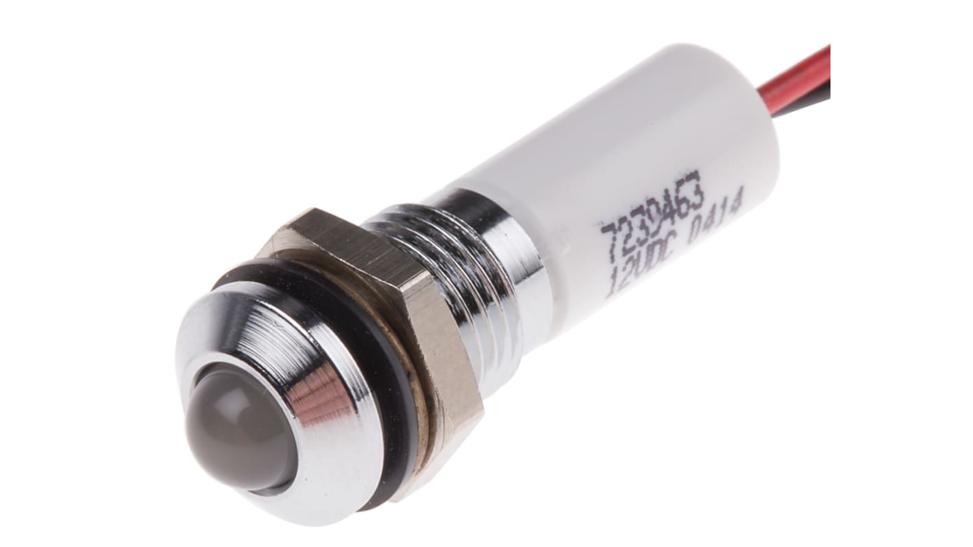 Indicador LED RS PRO, Blanco, lente prominente, marco Cromo, Ø montaje 8mm, 12V dc, 20mA, 150mcd, IP67