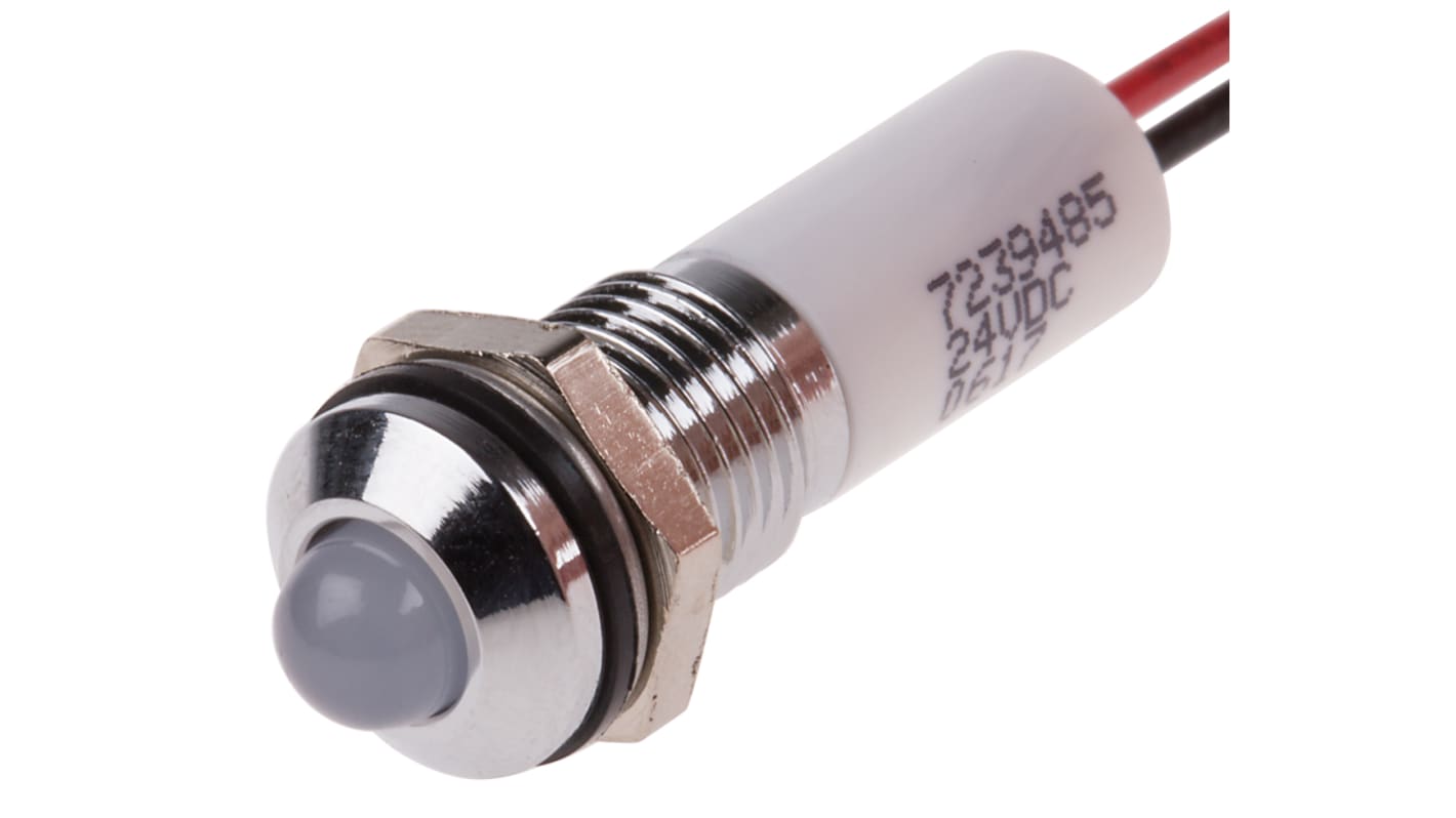 RS PRO White Panel Mount Indicator, 24V dc, 8mm Mounting Hole Size, Lead Wires Termination, IP67