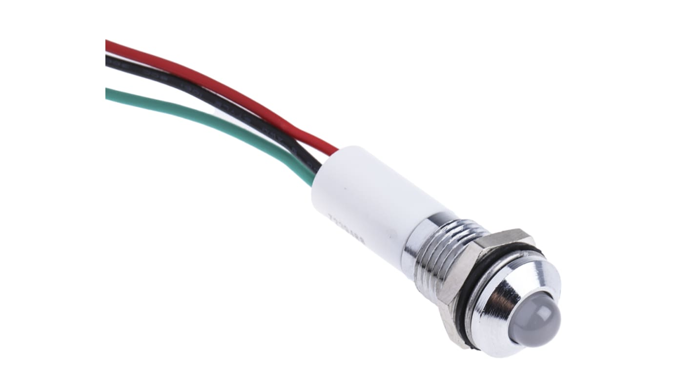 RS PRO LED面板指示灯, 24V 直流, 20mA, Φ8mm安装孔, 引线端接, 凸型边框, 铬色边框, IP67