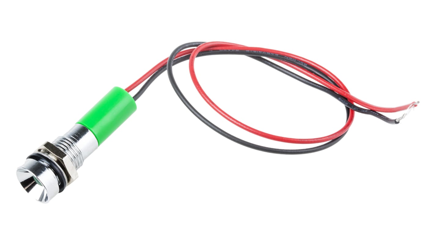 RS PRO Grøn Lysdiode Panelmonteret kontrollampe 8mm hulstr., Forsænket, Ledninger, 220V ac, Krom frontramme IP67