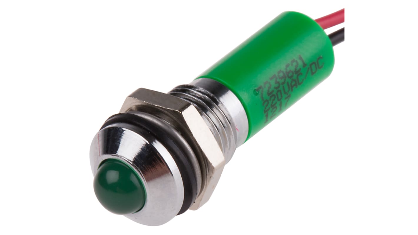 RS PRO 绿色LED面板指示灯, 220V 交流, 3mA, Φ8mm安装孔, 引线端接, 凸型边框, 铬色边框, IP67