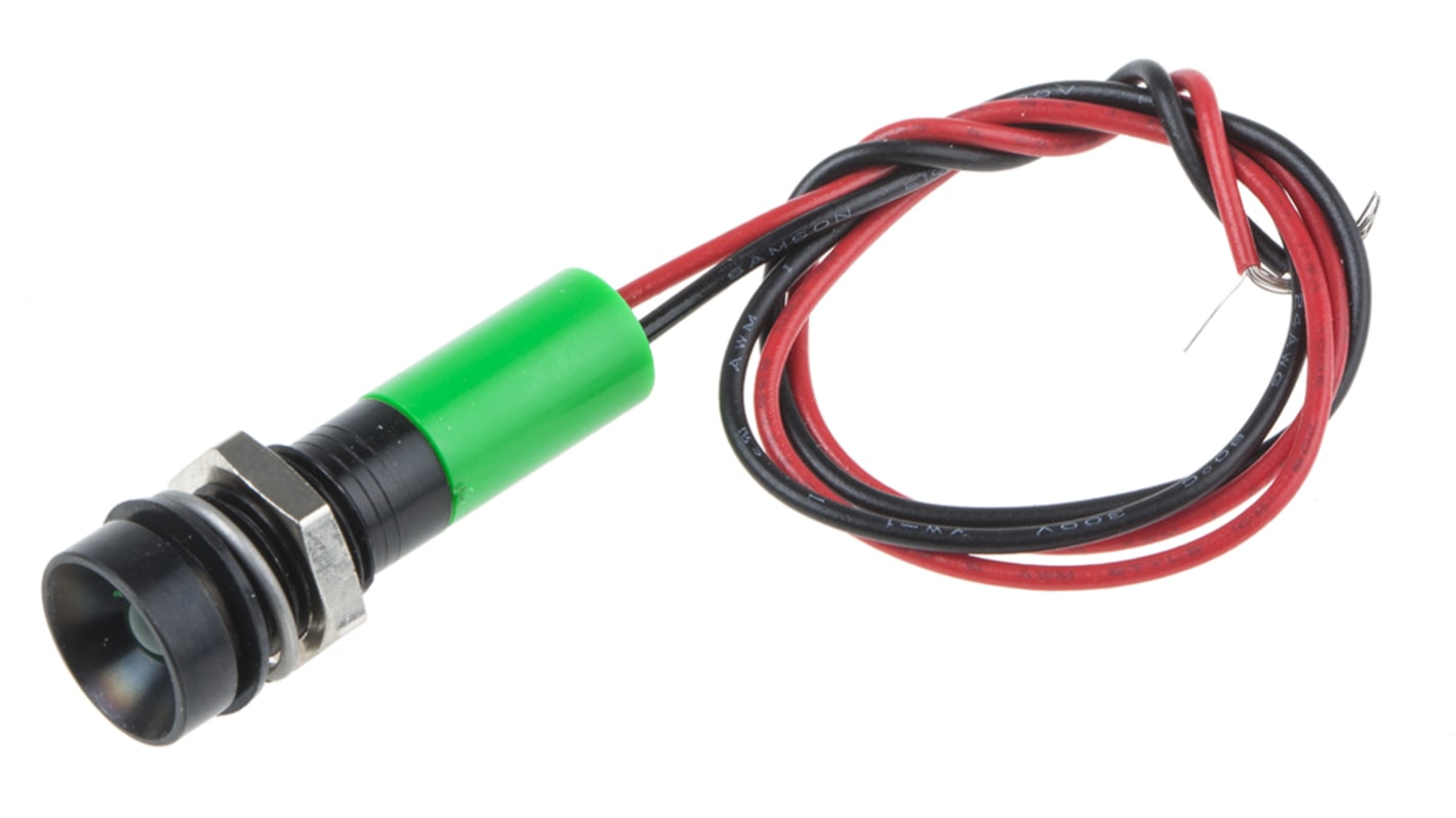 RS PRO Green Panel Mount Indicator, 220V ac, 8mm Mounting Hole Size, Lead Wires Termination, IP67