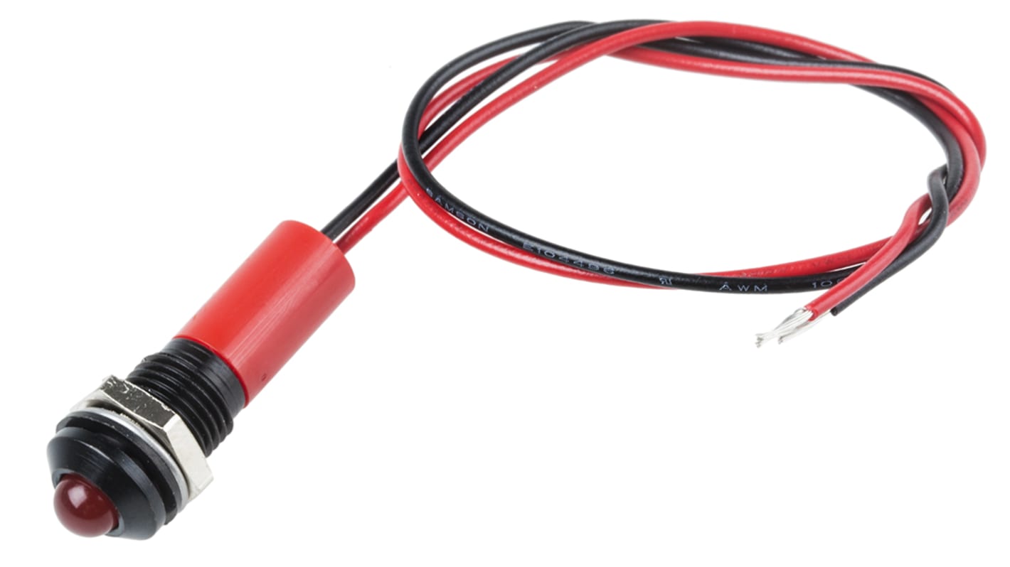 RS PRO Red Panel Mount Indicator, 110V ac, 8mm Mounting Hole Size, Lead Wires Termination, IP67
