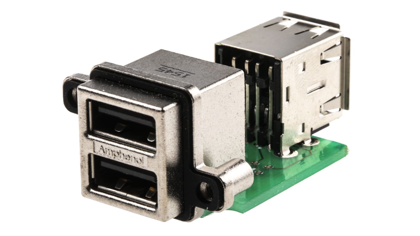 Konektor USB typ A, řada: MUSB, počet portů: 2 porty, orientace těla: Pravý úhel, Samice, 1.5A, 100 V DC, Průchozí