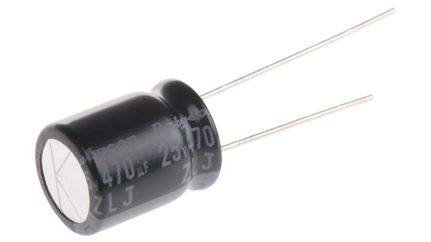 Rubycon ZLJ, THT Aluminium-Elektrolyt Kondensator 470μF ±20% / 25V dc, Ø 10mm x 12.5mm, bis 105°C