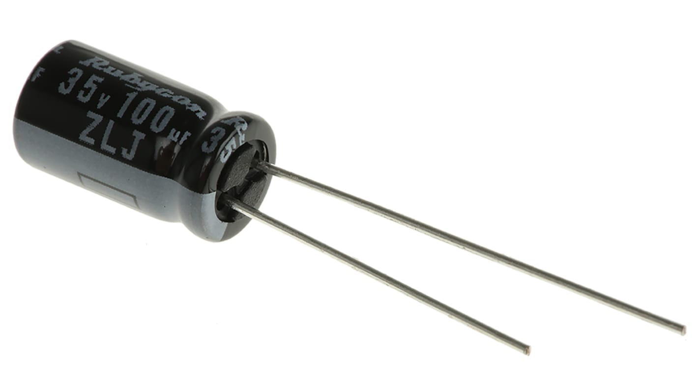 Rubycon ZLJ, THT Aluminium-Elektrolyt Kondensator 100μF ±20% / 35V dc, Ø 6.3mm x 11mm, bis 105°C