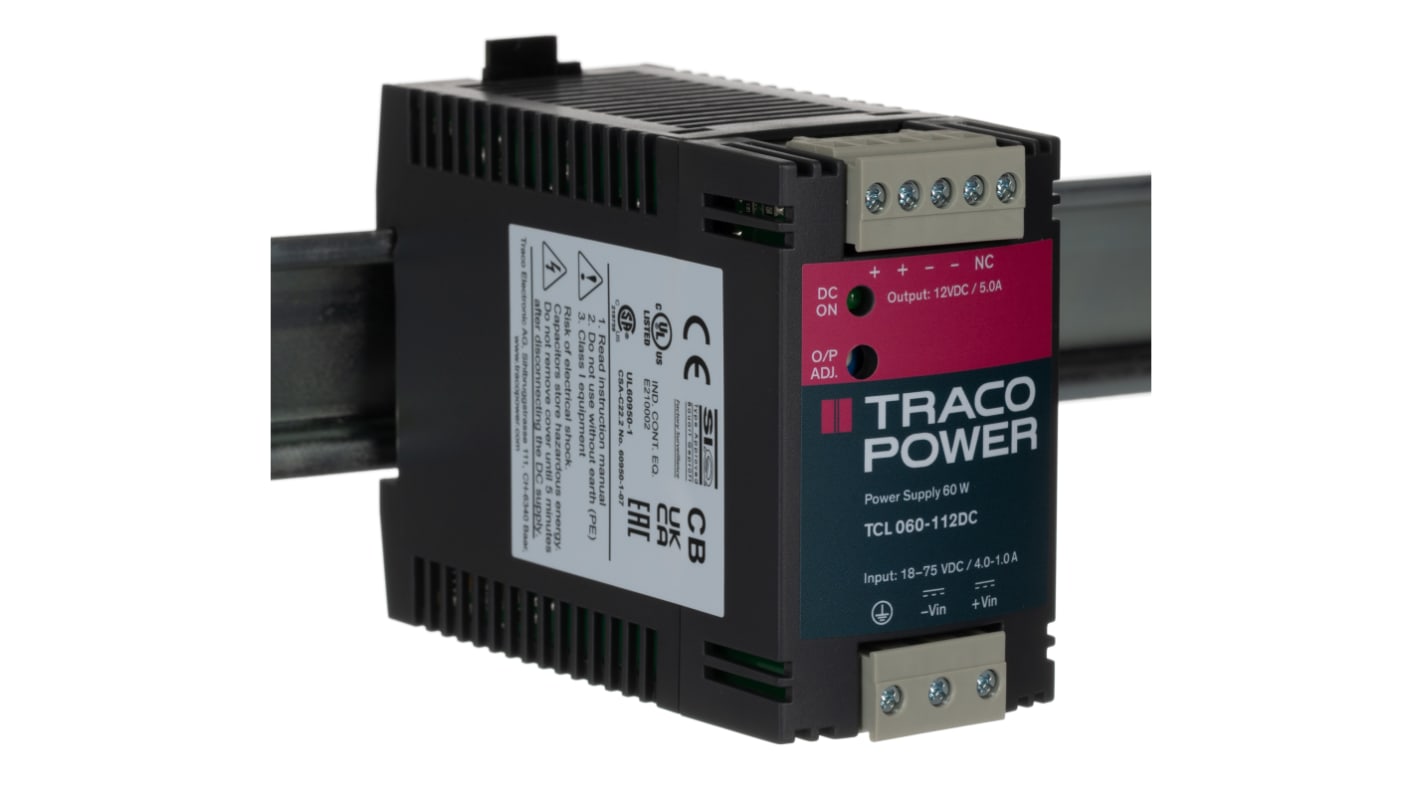 TRACOPOWER TCL DC-DC Converter, 12V dc/ 5A Output, 60W, DIN Rail Mount, +70°C Max Temp -25°C Min Temp
