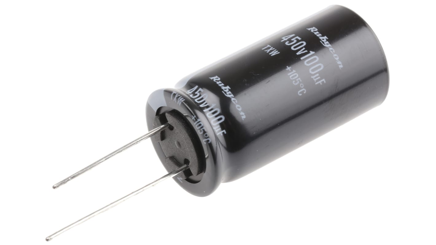 Rubycon 100μF Aluminium Electrolytic Capacitor 450V dc, Radial, Through Hole - 450TXW100MEFC18X35