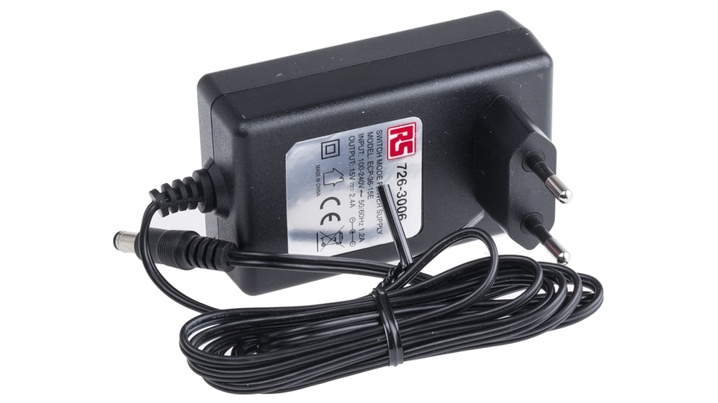 RS PRO 36W AC/DC Adapter 15V dc Output, 2.4A Output