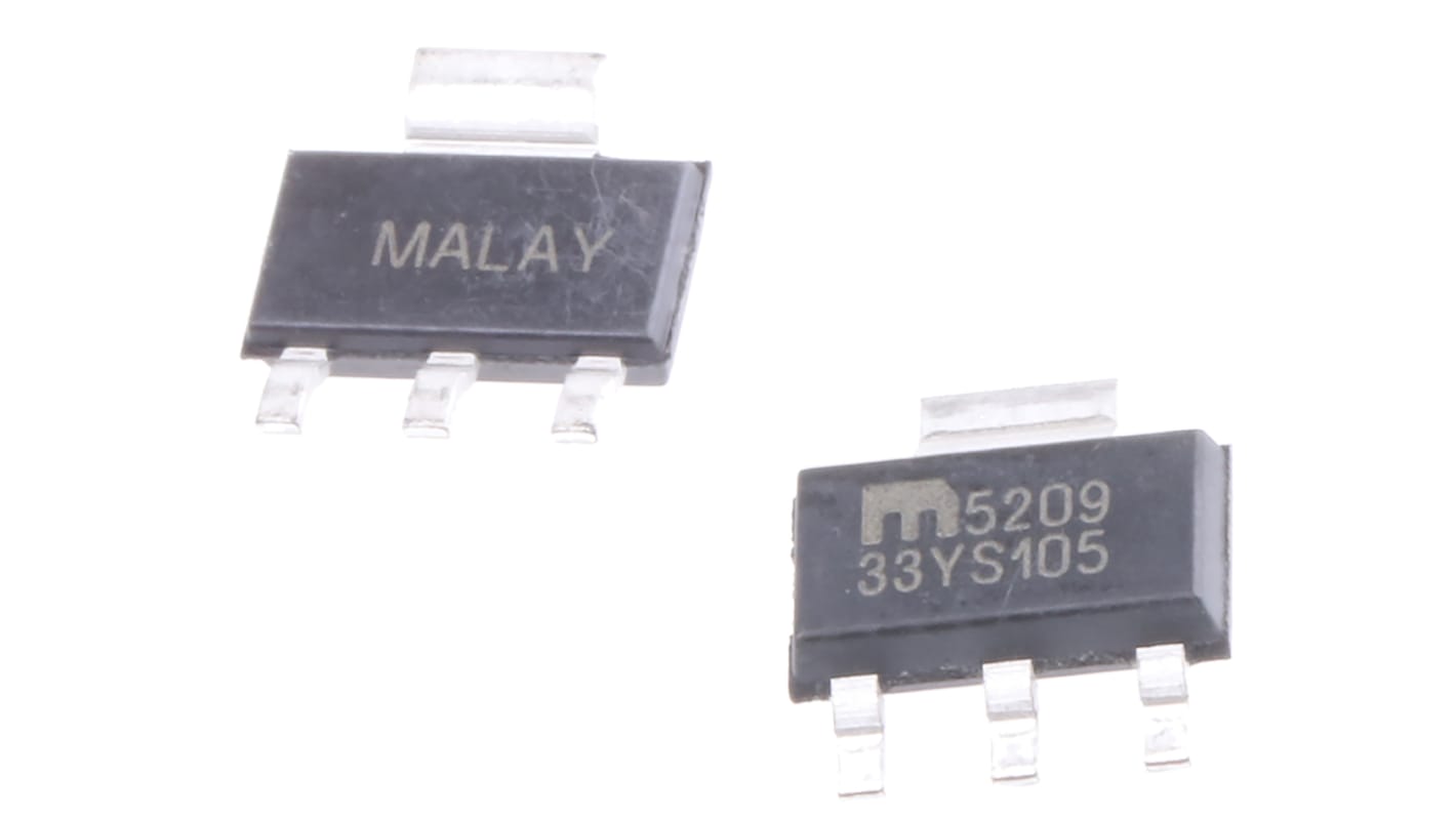 Microchip LDO稳压芯片, 3.3 V输出, 500mA最大输出, 单路输出, SOT-223, 3+Tab针, 贴片安装, -40 °C→+125 °C, ±2%精度