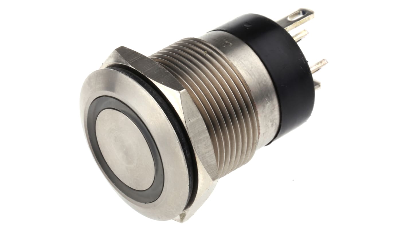 Bulgin MPI002 Series Illuminated Push Button Switch, Momentary, Panel Mount, 19.2mm Cutout, SPST, Blue LED, 24V dc, IP66
